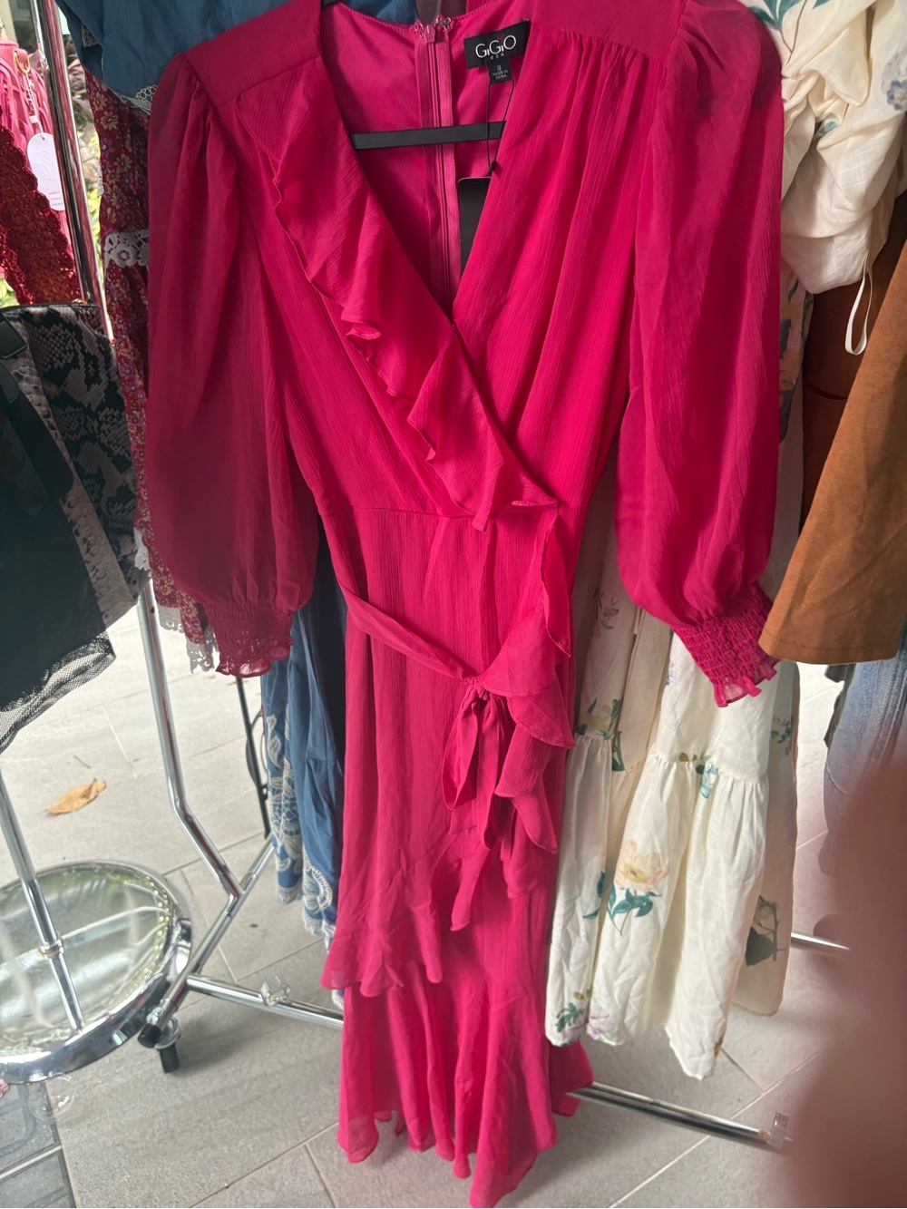 NWT Gigio Fuchsia Wrap Maxi Dress with Ruffle Trim. Available in S, M & L.